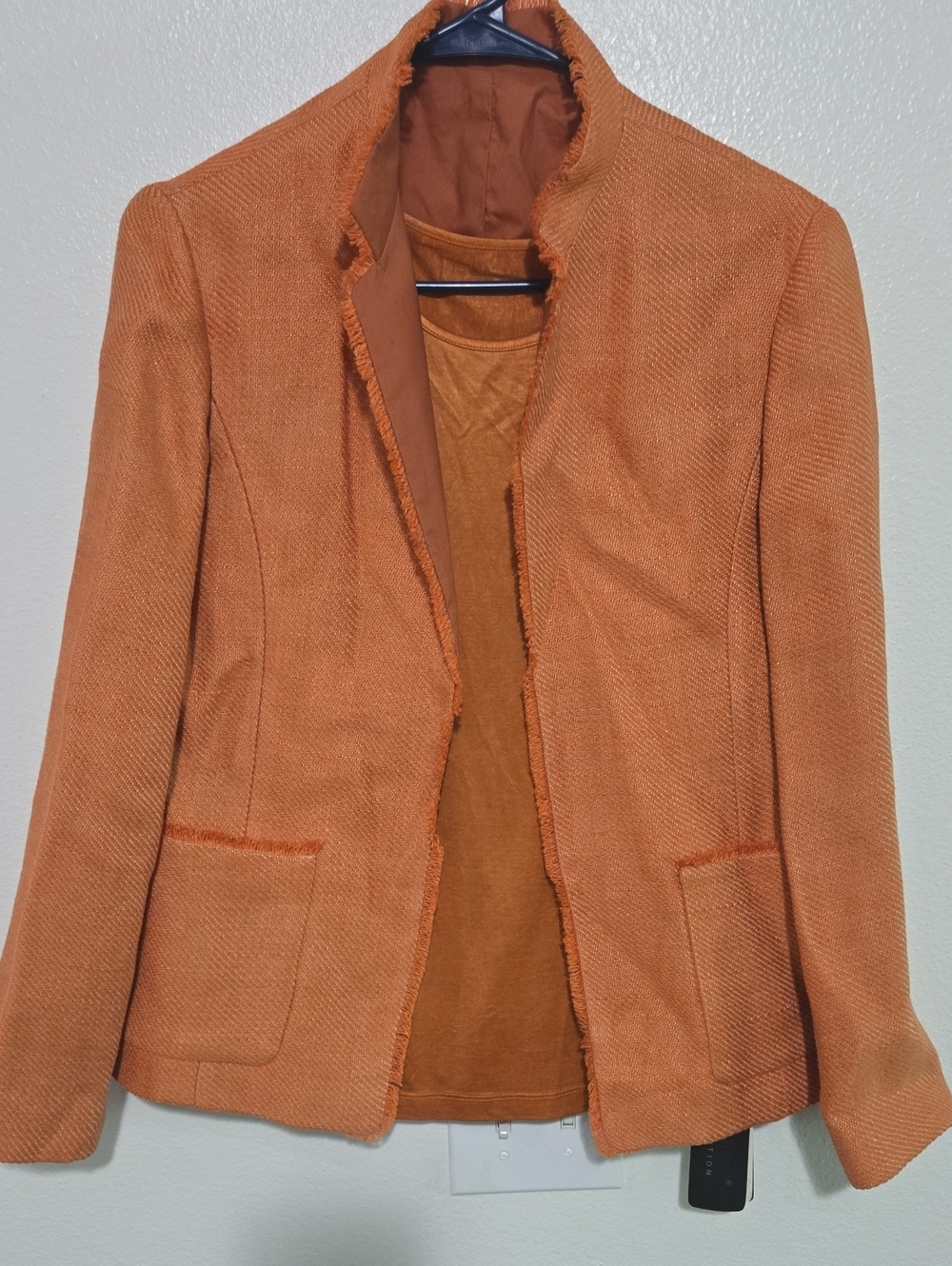 ZZ Puart Rust Orange Frayed-Trim Open Blazer